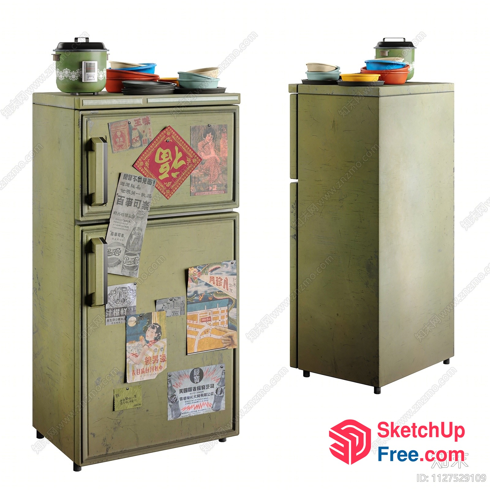 Vintage Green Fridge With Asian Decor 3D SketchUp File