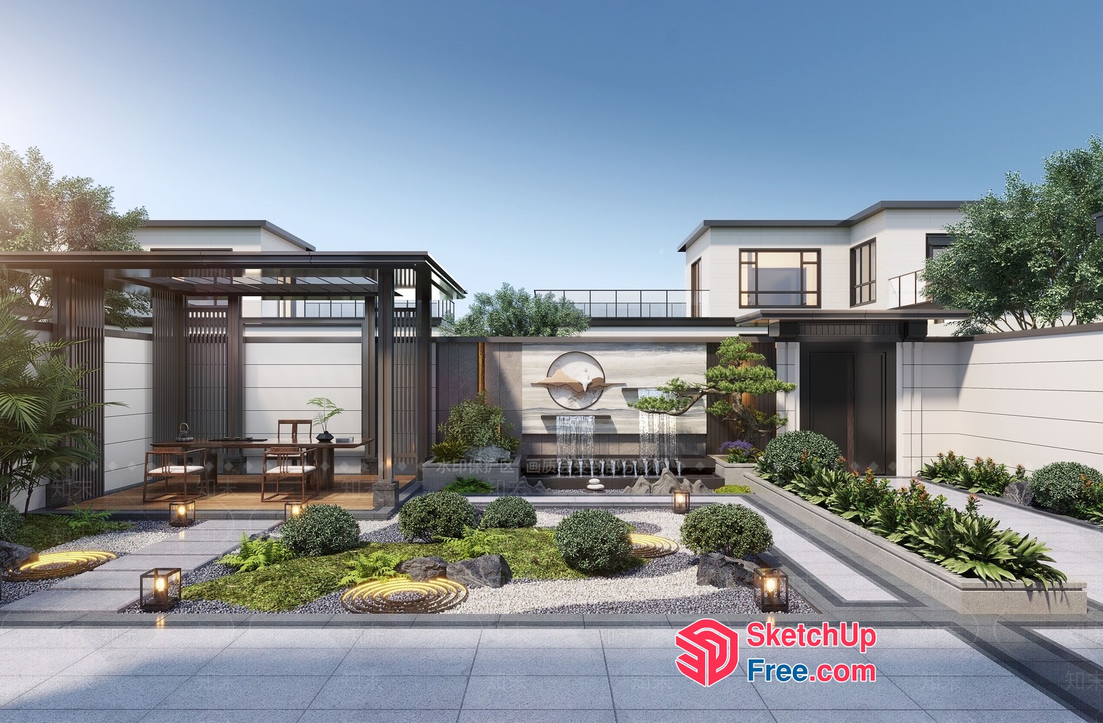 Modern Asian-Inspired Outdoor Space With Water Feature And Garden 3D SketchUp File