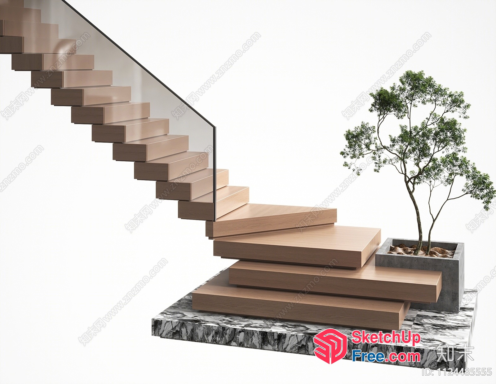 Minimalist Staircase With Glass Rail And Plant 3D SketchUp File