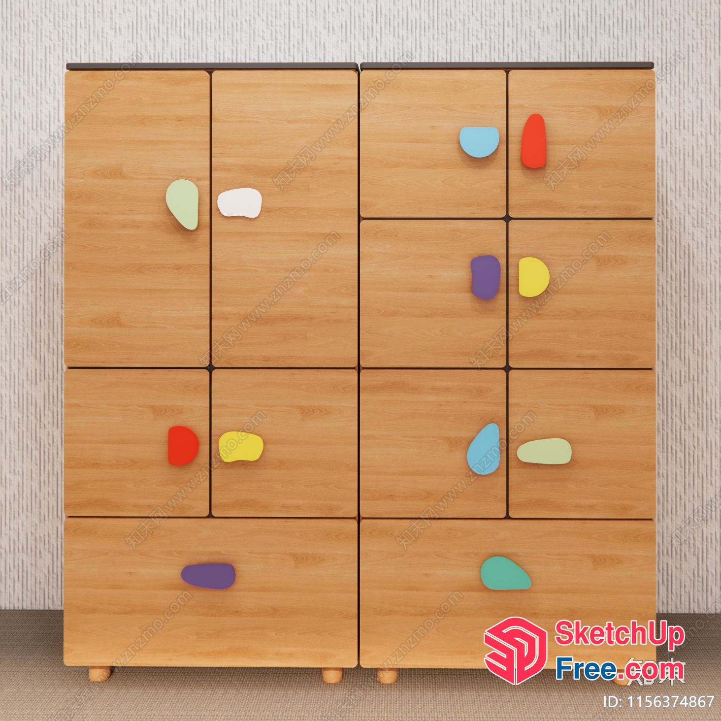 Colorful Door Knobs On A Light Brown Wooden Cabinet 3D SketchUp File