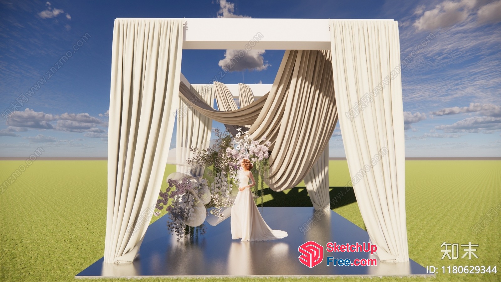 Elegant White Wedding Stage With Draped Curtains And Floral Arrangements 3D SketchUp File