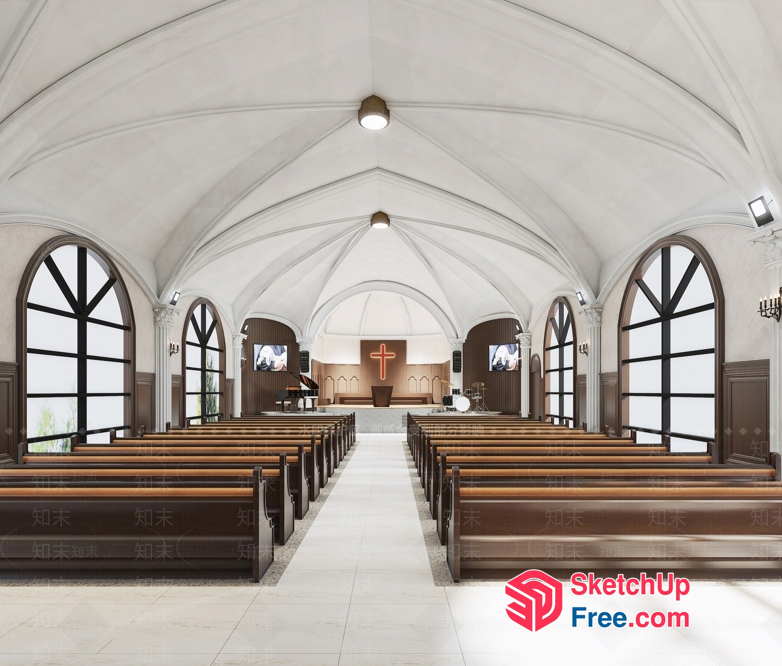 Elegant White Vaulted Ceiling Church Interior 3D SketchUp File