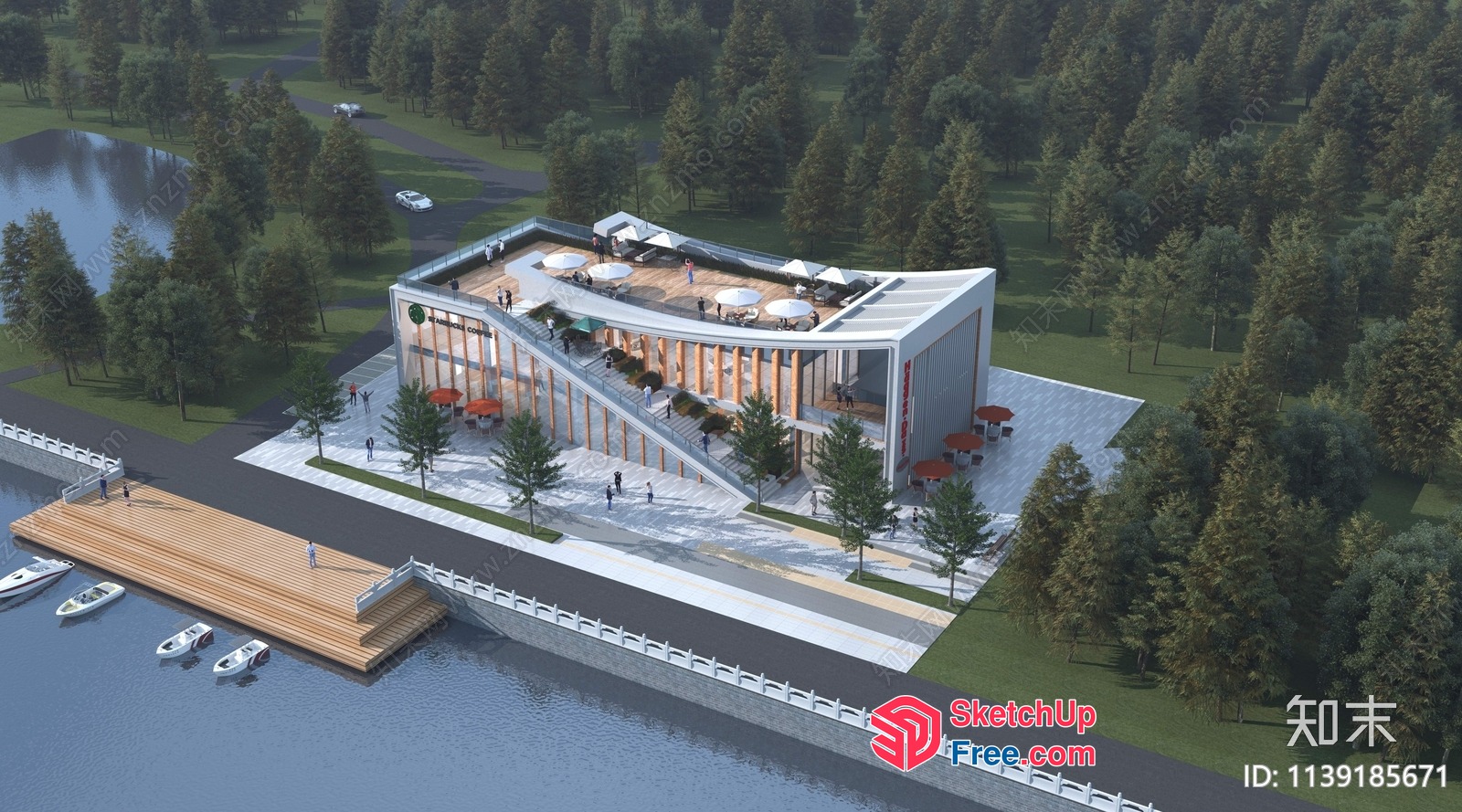 Modern Building By Waterfront With Glass Curtain Wall 3D SketchUp File