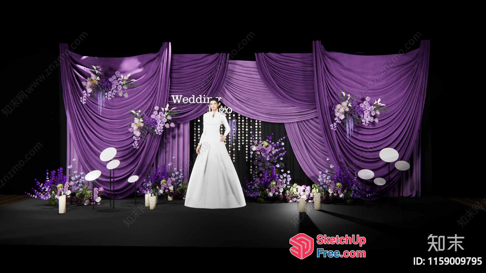Elegant Wedding Stage With Lavender Drapes And Flowers 3D SketchUp File