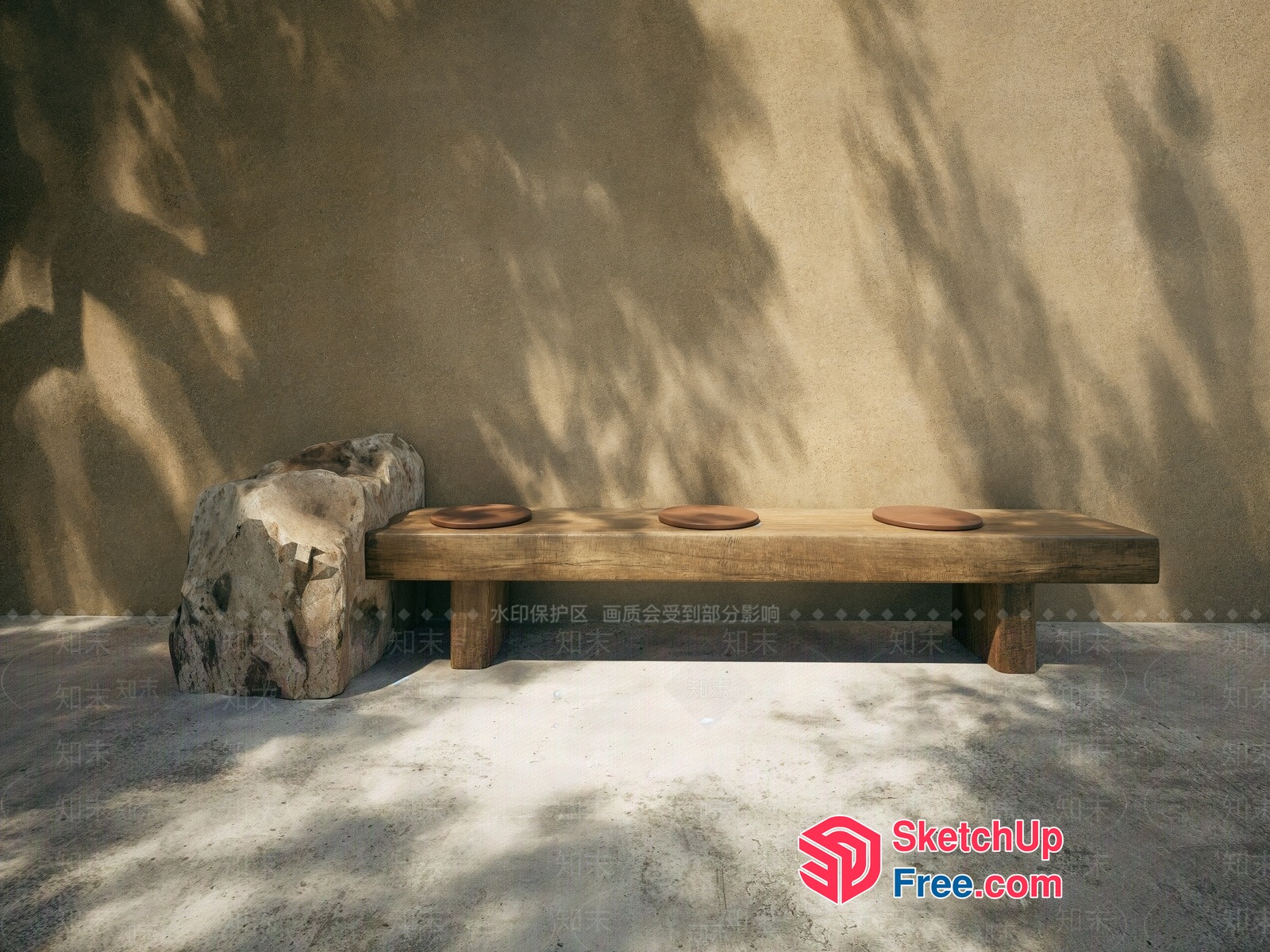 Natural Wood Bench With Stone Accent 3D SketchUp File