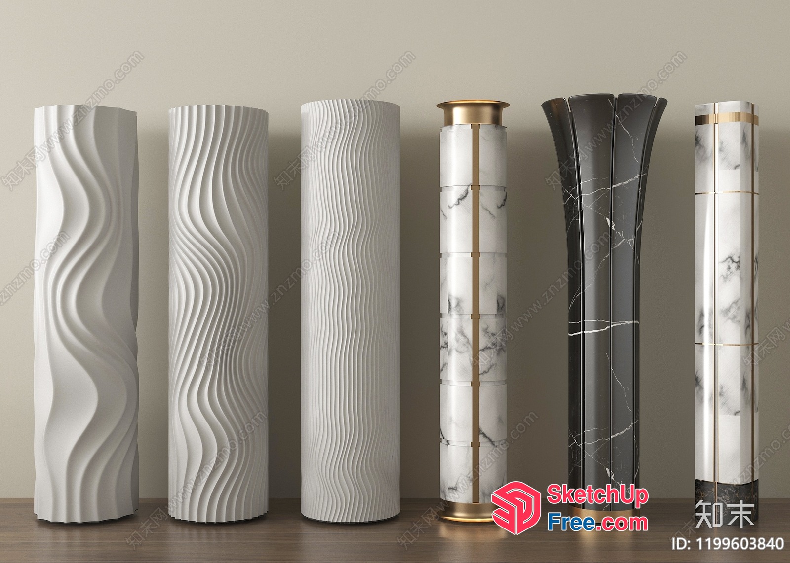 Tall Decorative Pillars With Marble And Gold Accents 3D SketchUp File