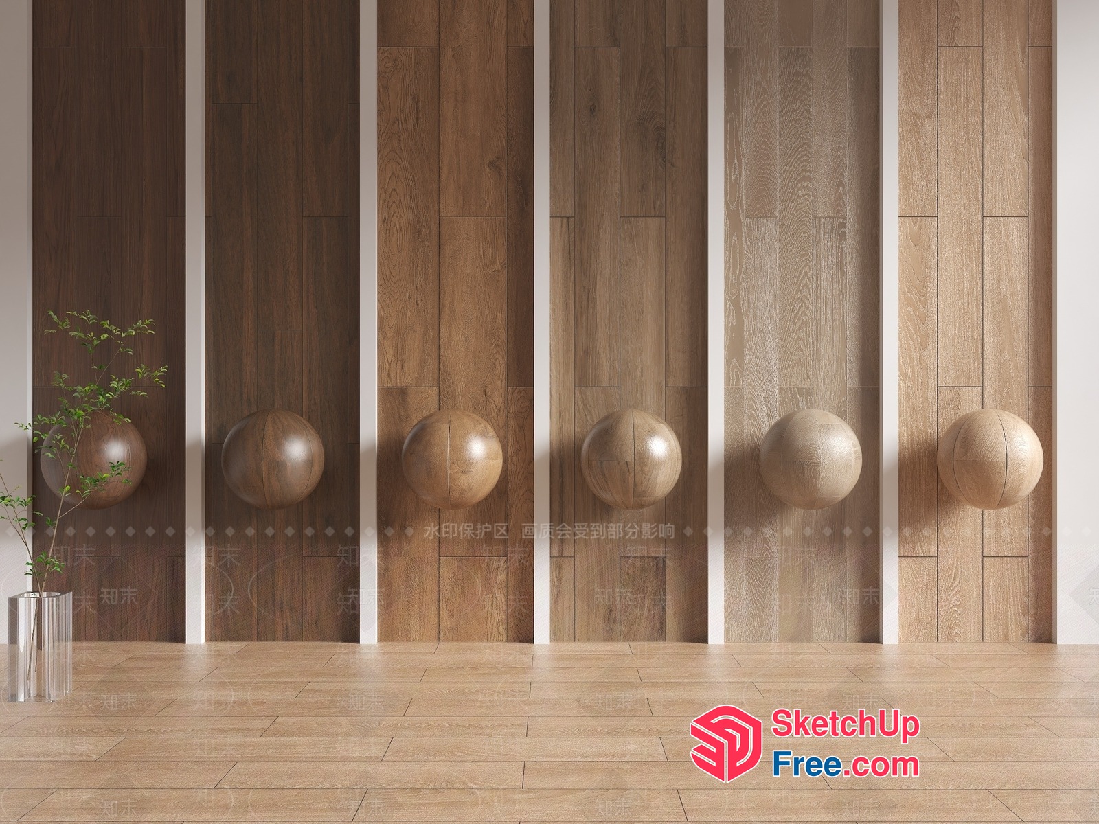 Five Wooden Spheres On A Wooden Wall 3D SketchUp File