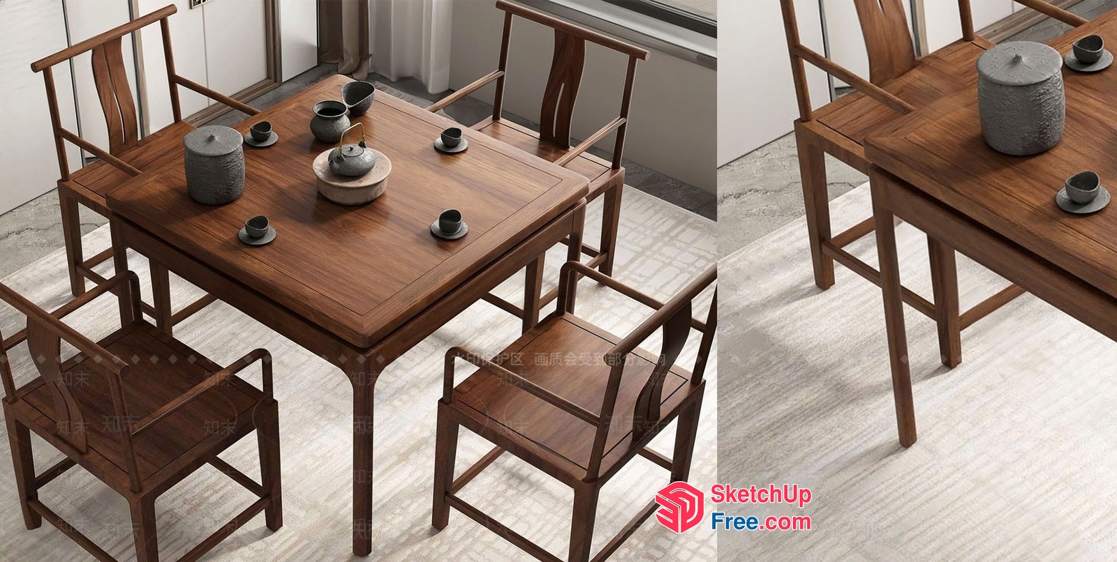 Minimalist Japanese-Style Dining Table And Chairs Set 3D SketchUp File