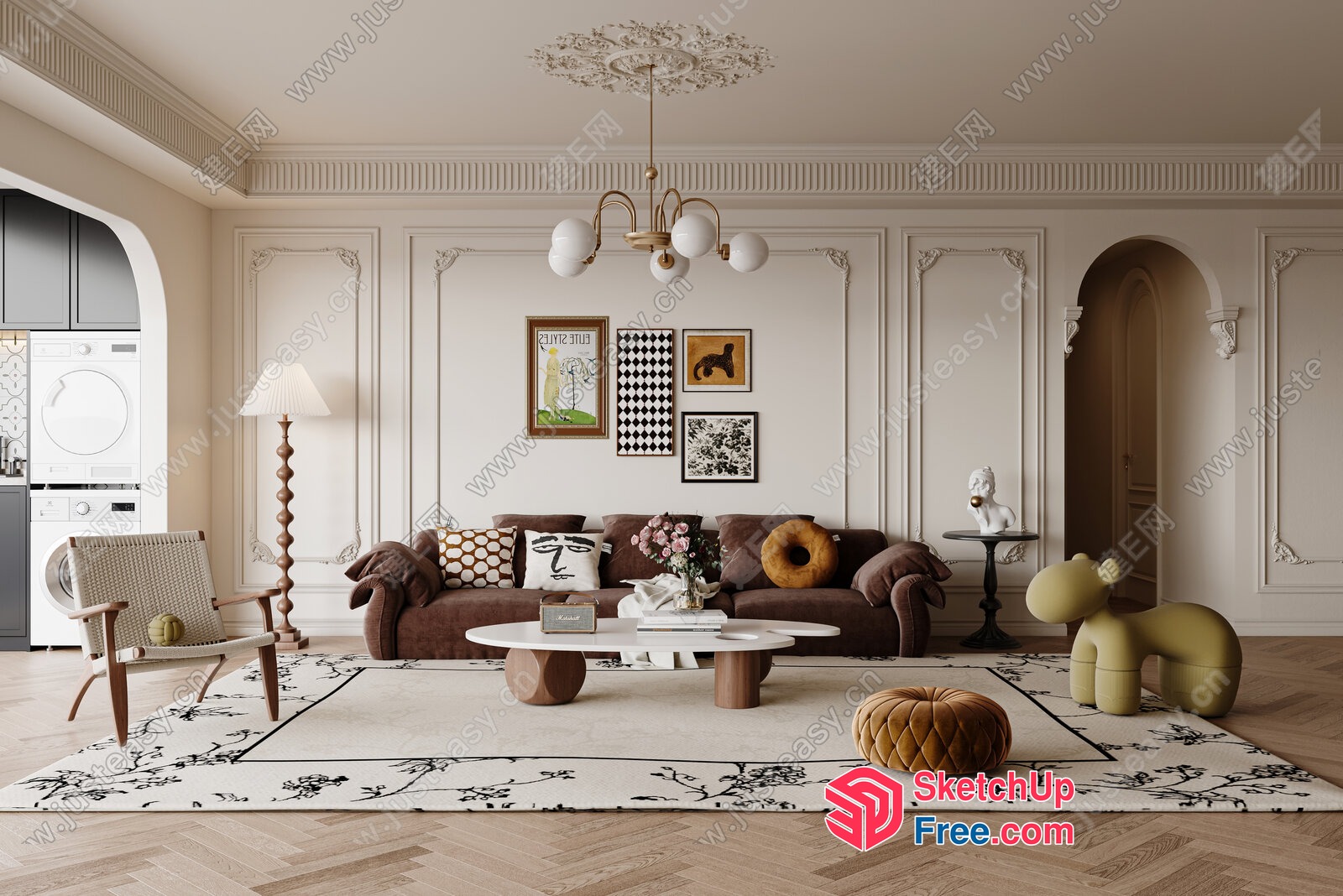 Luxurious Creamy Style Living Room With Elegant Furniture 3D SketchUp File