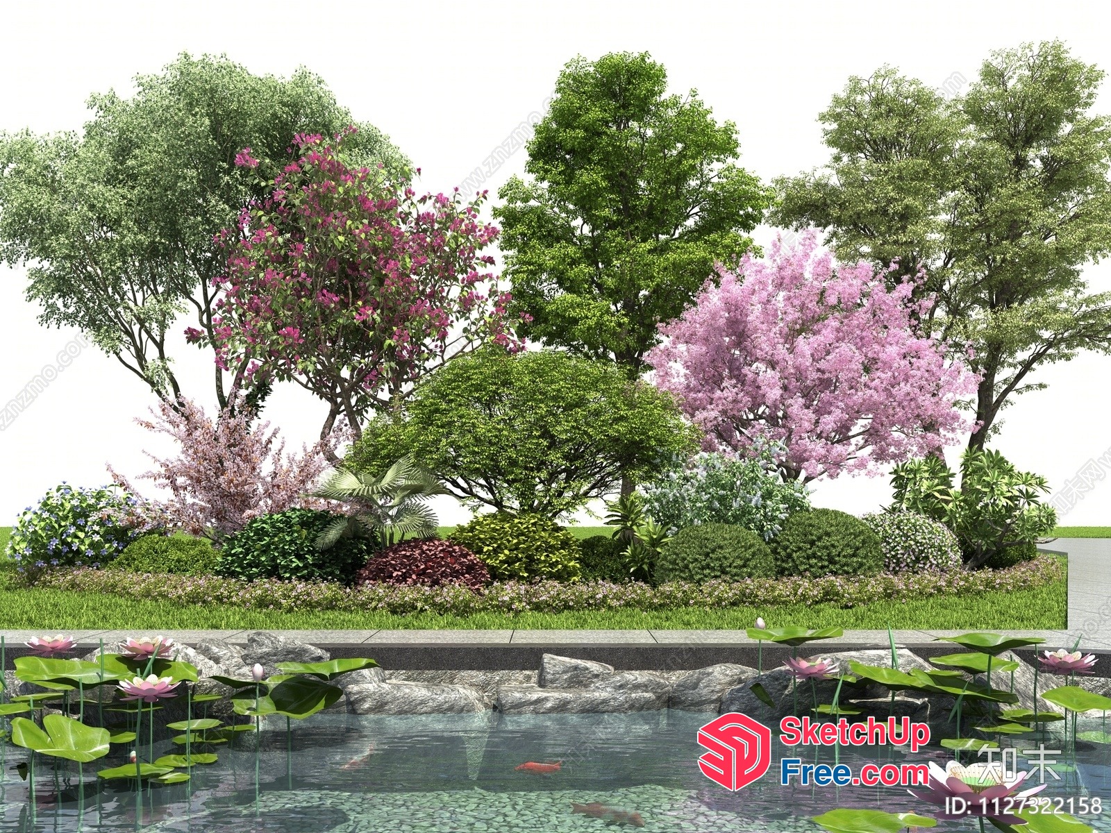 Serene Pond Oasis With Lush Greenery And Vibrant Flowers 3D SketchUp File