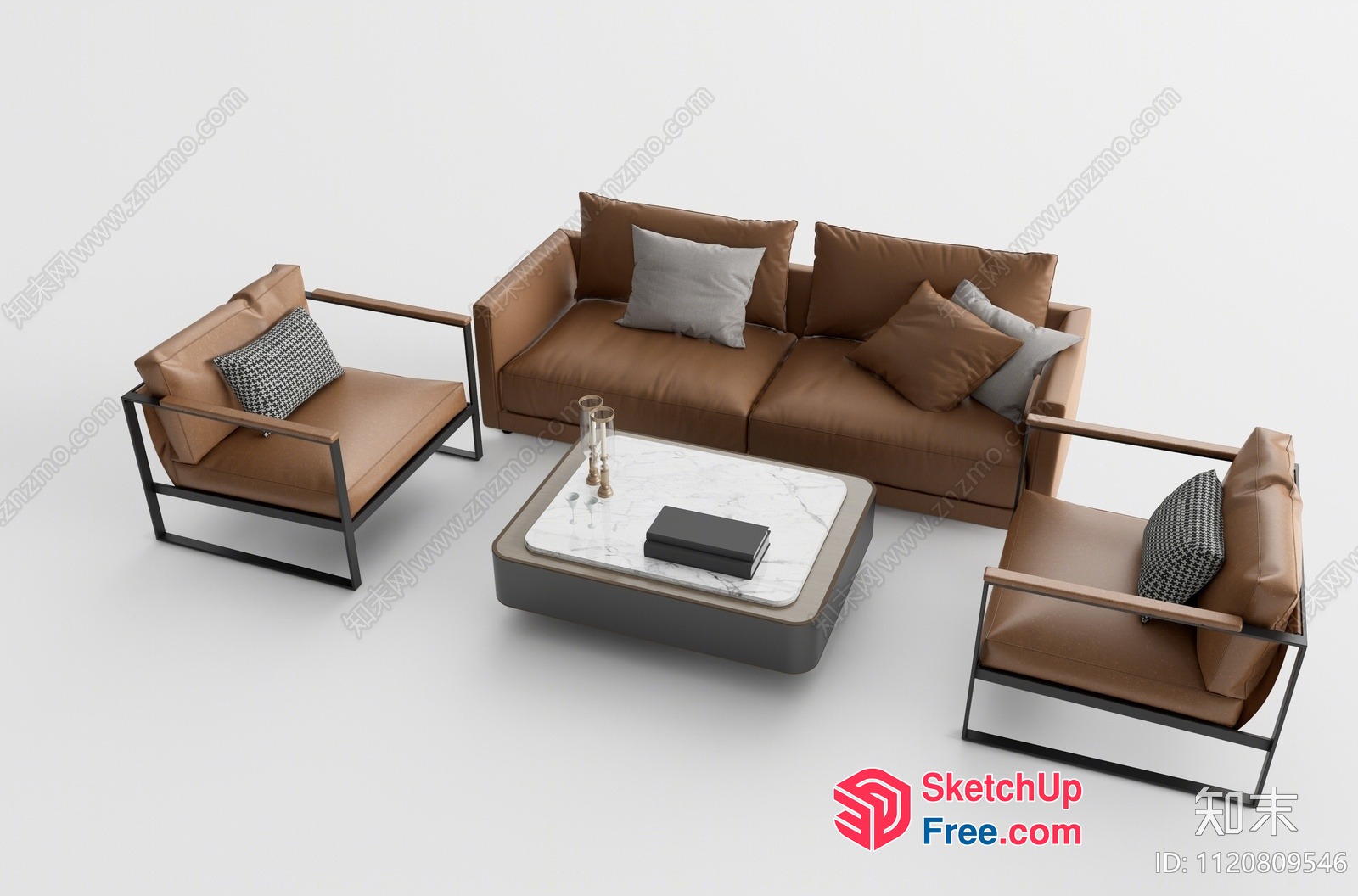 Modern Minimalist Brown Leather Sofa Set With Marble Coffee Table 3D SketchUp File