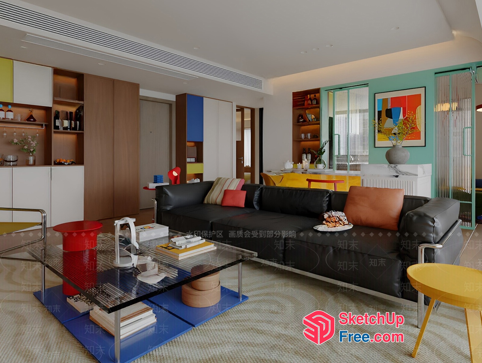 Modern Living Room With Vibrant Color Scheme 3D SketchUp File
