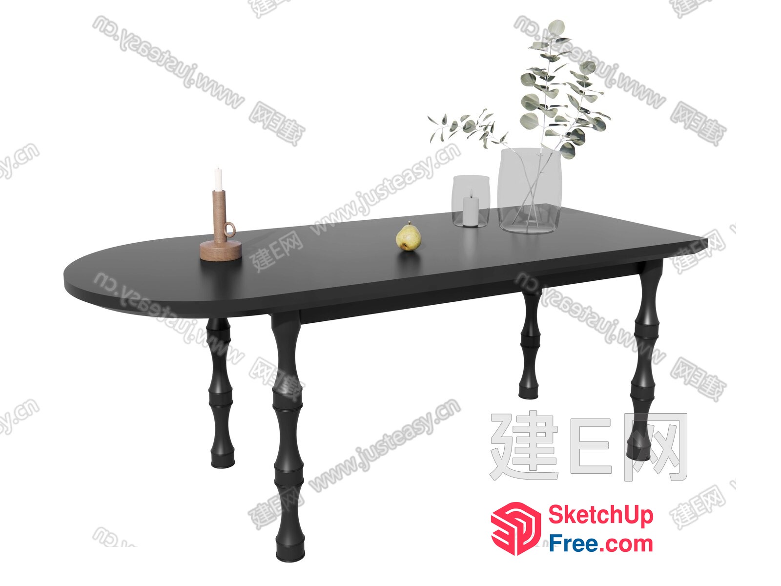 Elegant Black Table With Candle, Fruit, And Plant 3D SketchUp File