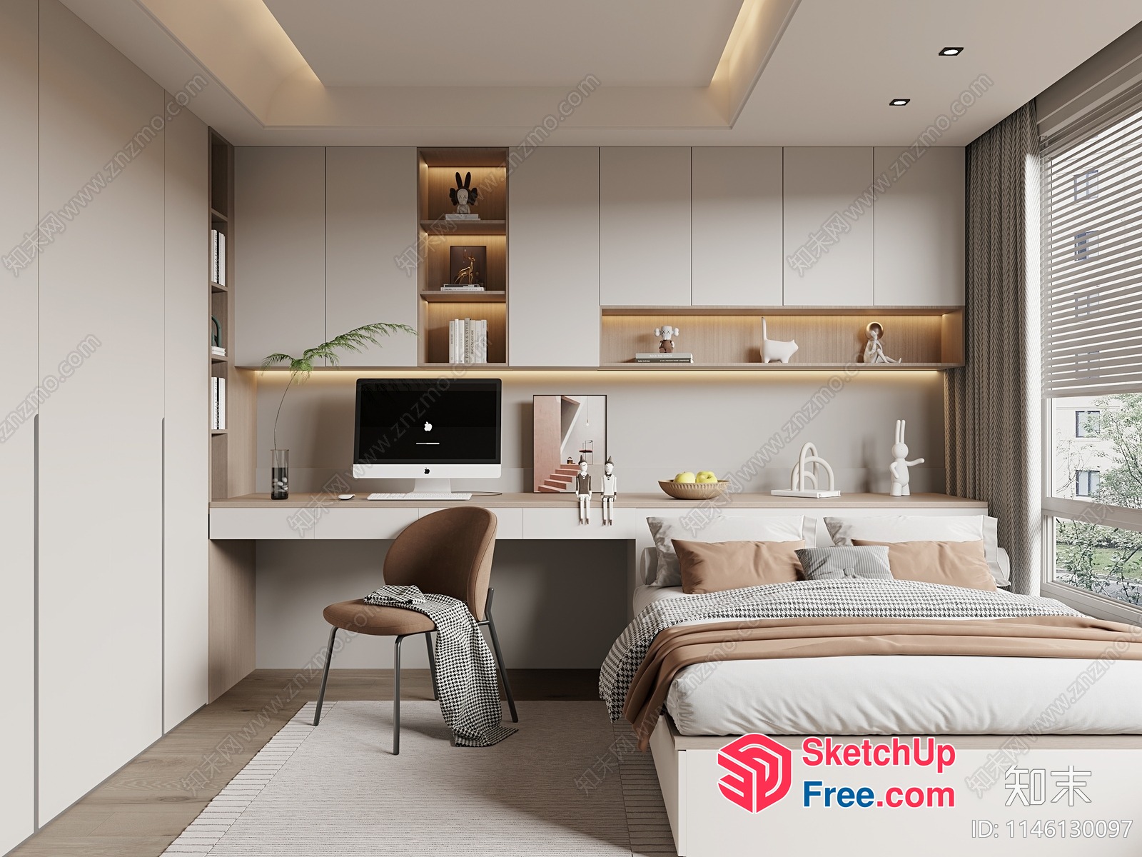 Modern Minimalist Bedroom Interior With Sleek White Furniture And Natural Wood Accents 3D SketchUp File