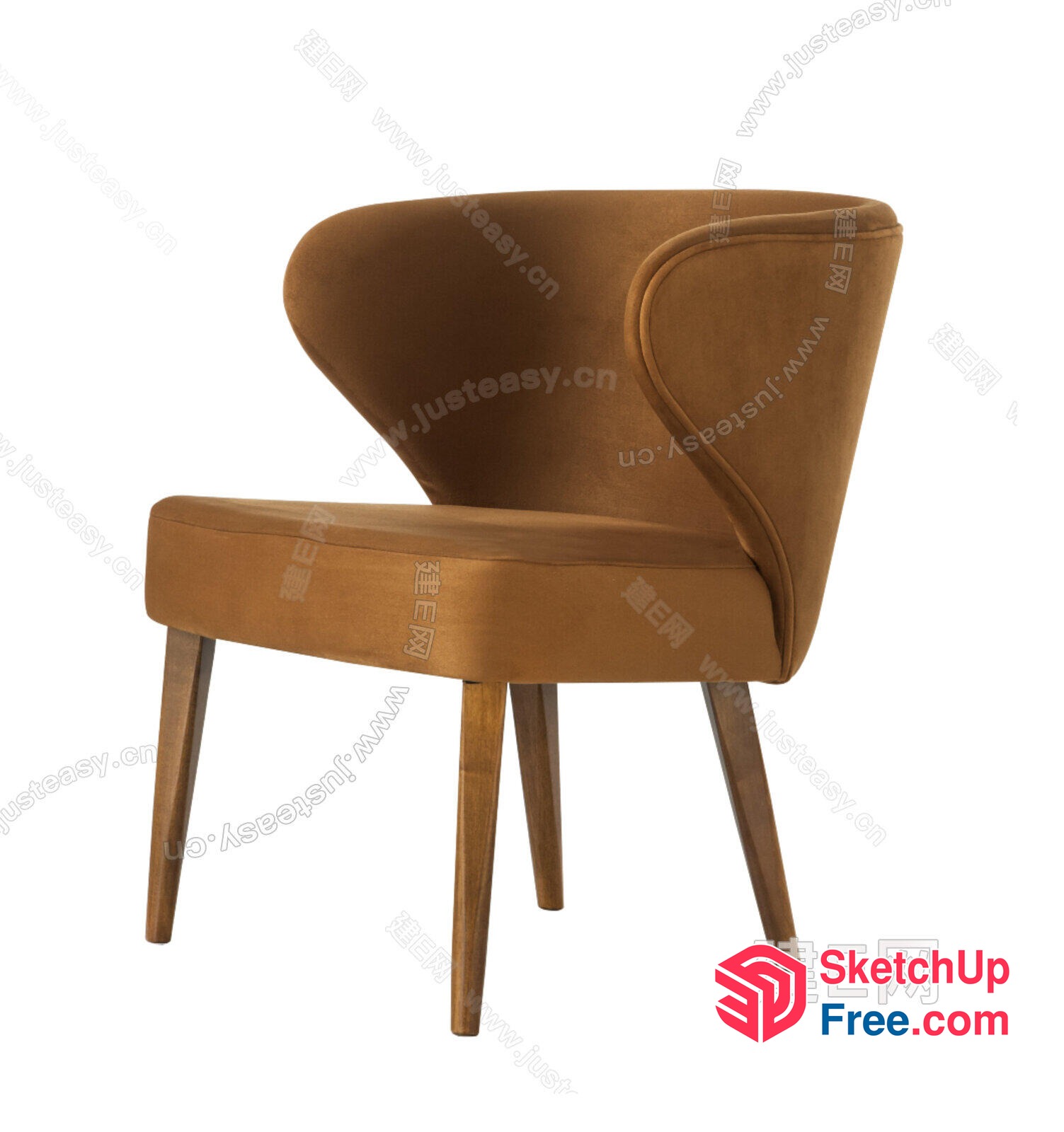 Brown Velvet Accent Chair With Wooden Legs 3D SketchUp File