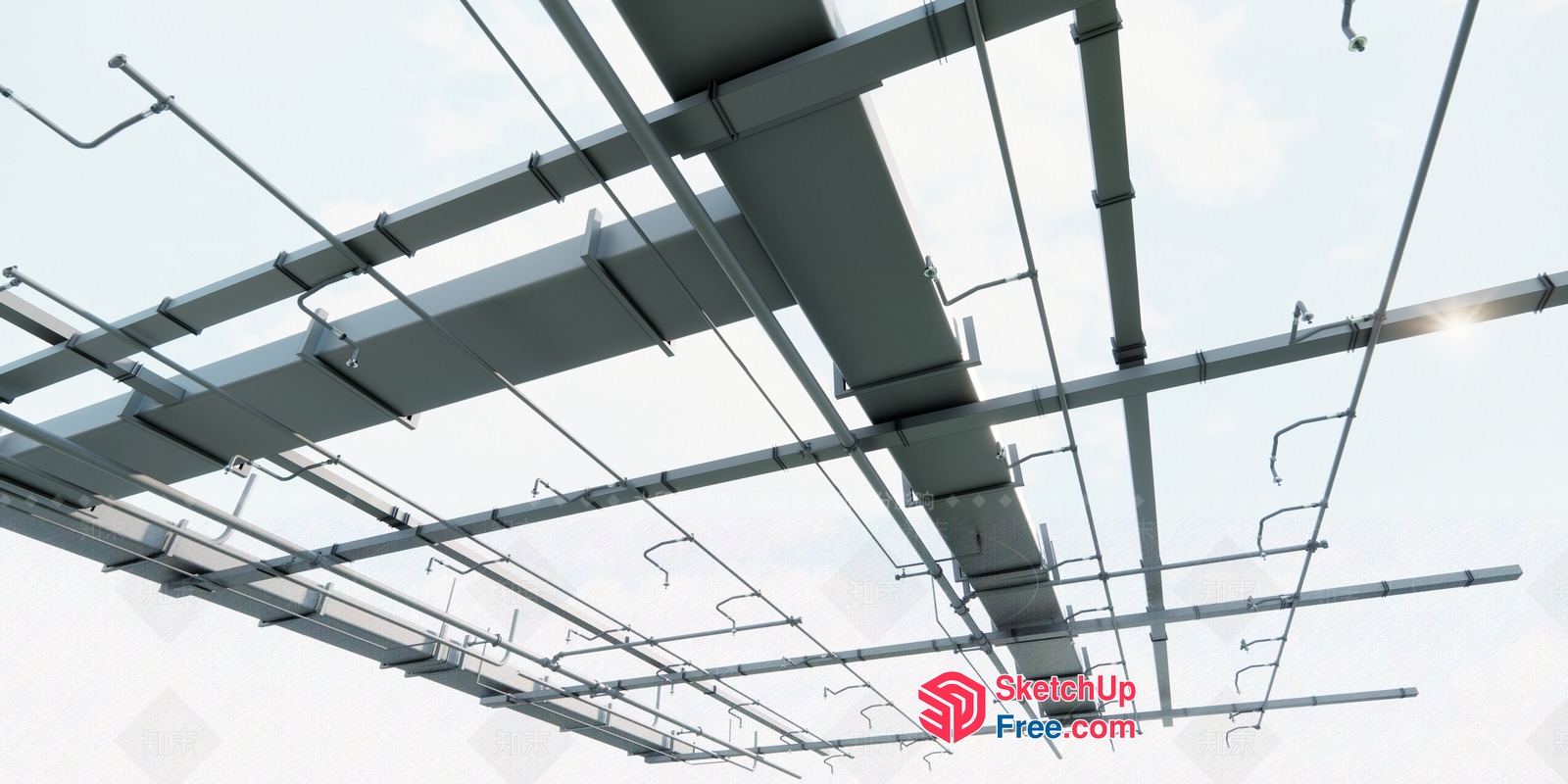 Industrial Ceiling Design With Metal Beams And Pipes 3D SketchUp File