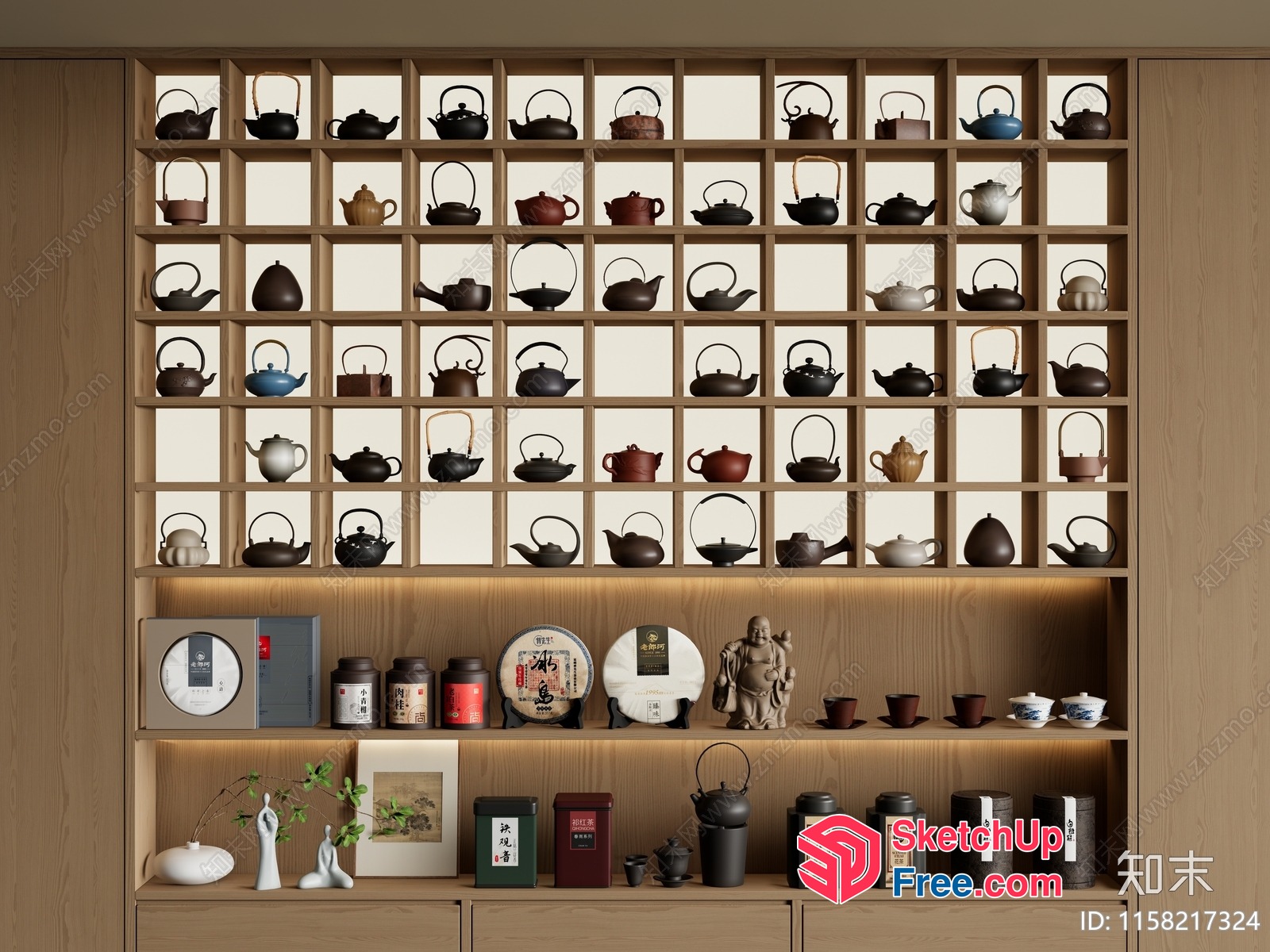 Teapots And Tea Sets Displayed On A Wooden Shelf 3D SketchUp File