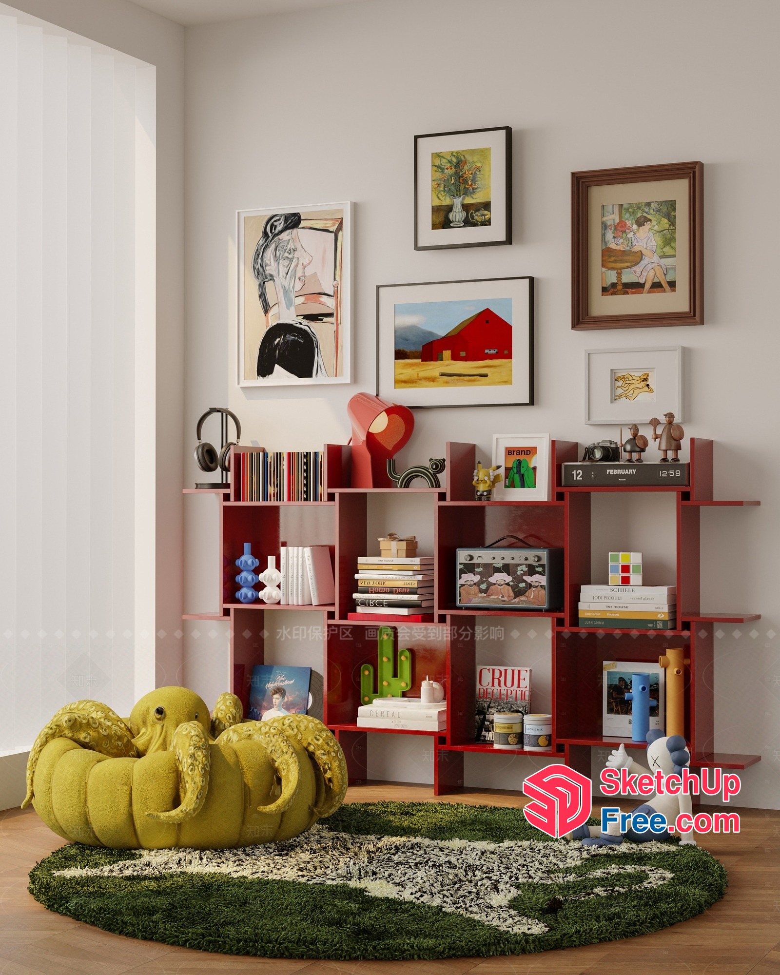 Vibrant Artistic Corner With Eclectic Bookshelf And Whimsical Decor 3D SketchUp File