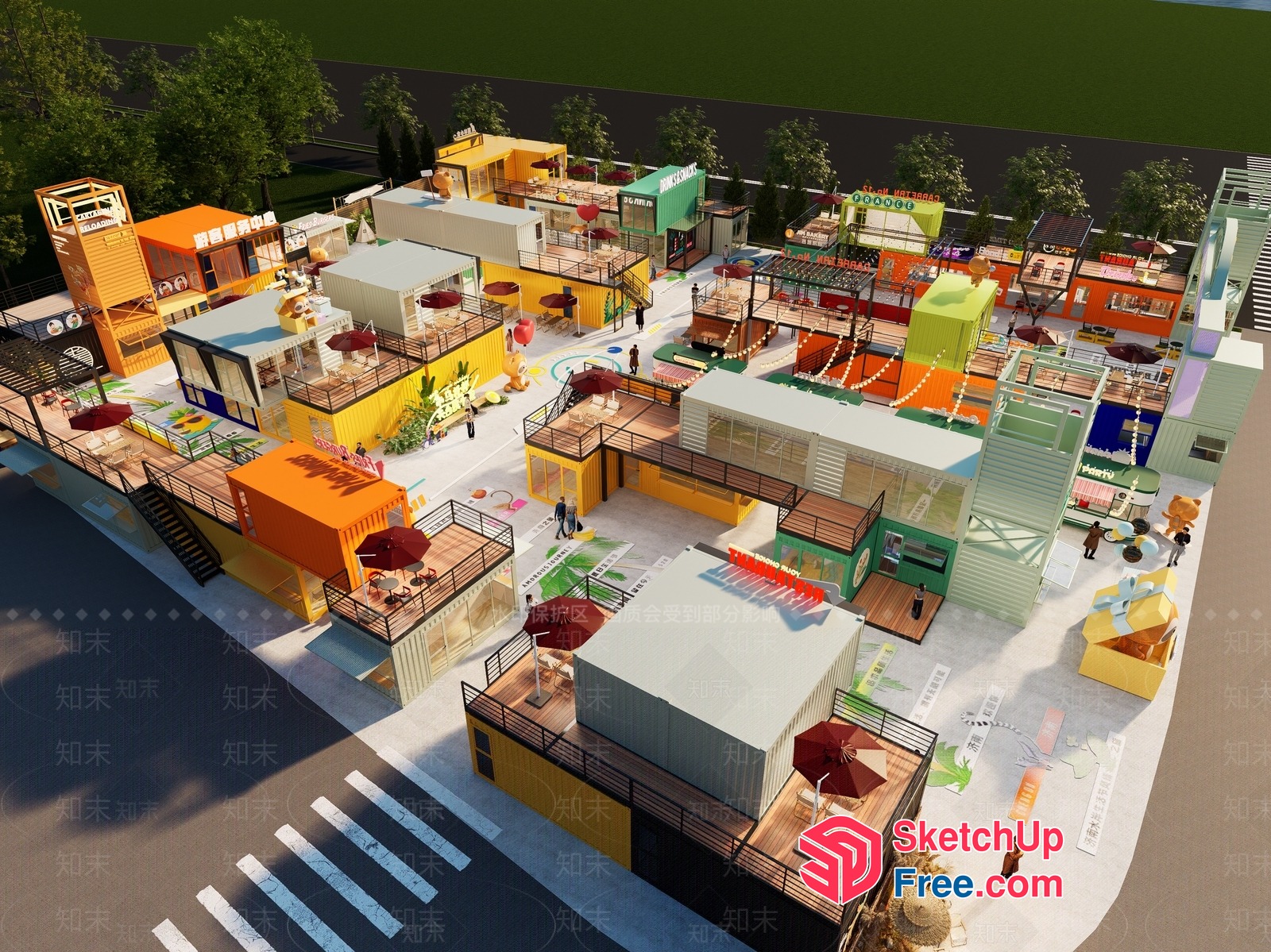 Vibrant Commercial Street With Unique Container-Based Architecture 3D SketchUp File