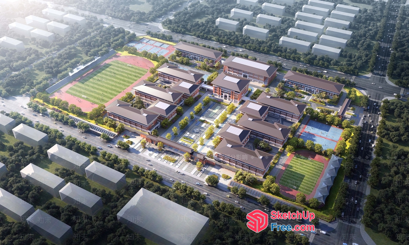 Modern School Campus With Sports Facilities And Green Spaces 3D SketchUp File