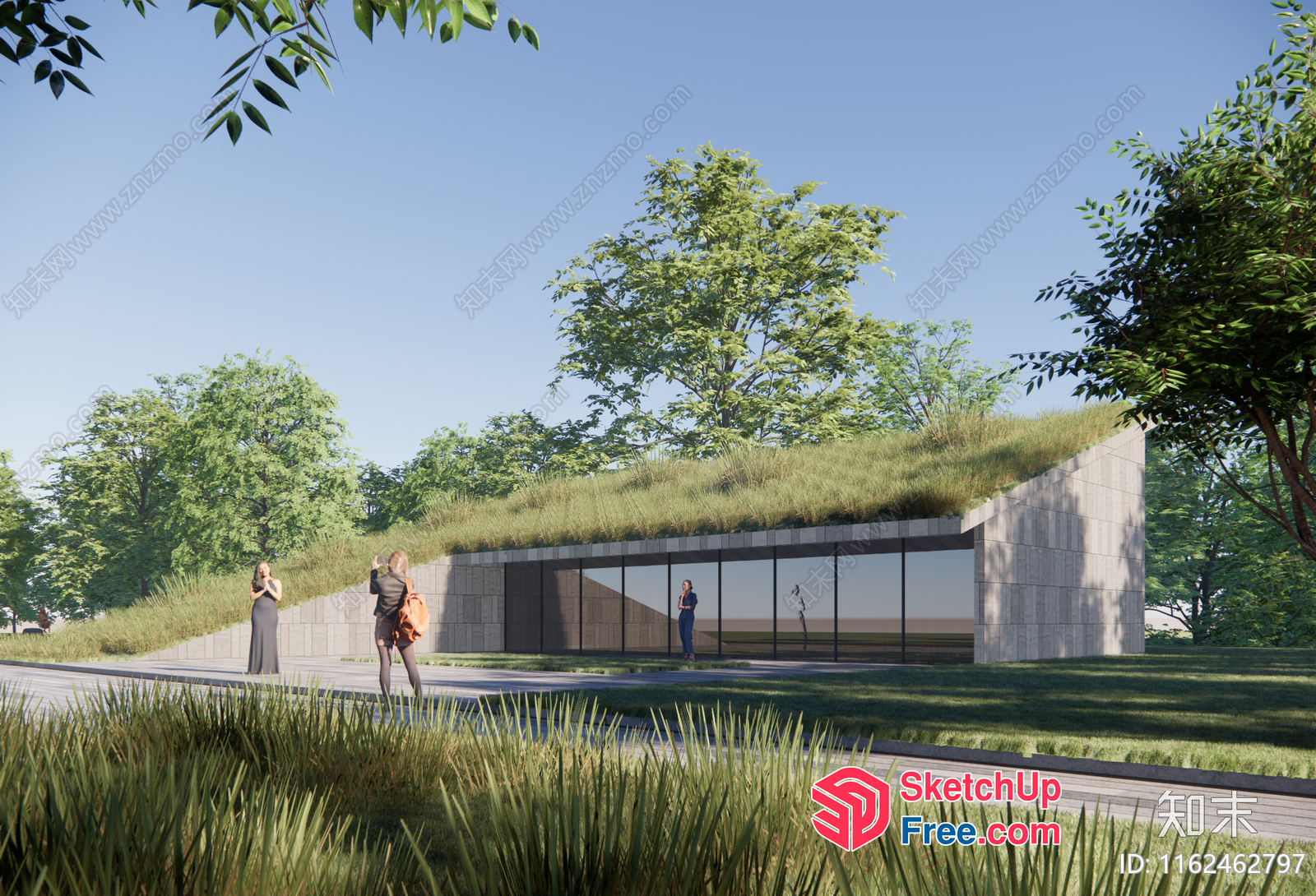 Modern Building With Green Roof And Glass Walls 3D SketchUp File