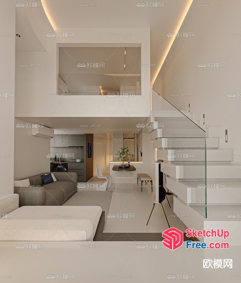 Modern Minimalist White Living Room With Staircase 3D SketchUp File