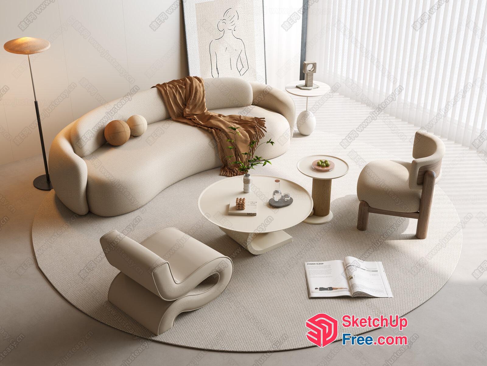 Minimalist Japanese Style Living Room With Creamy Sofa 3D SketchUp File