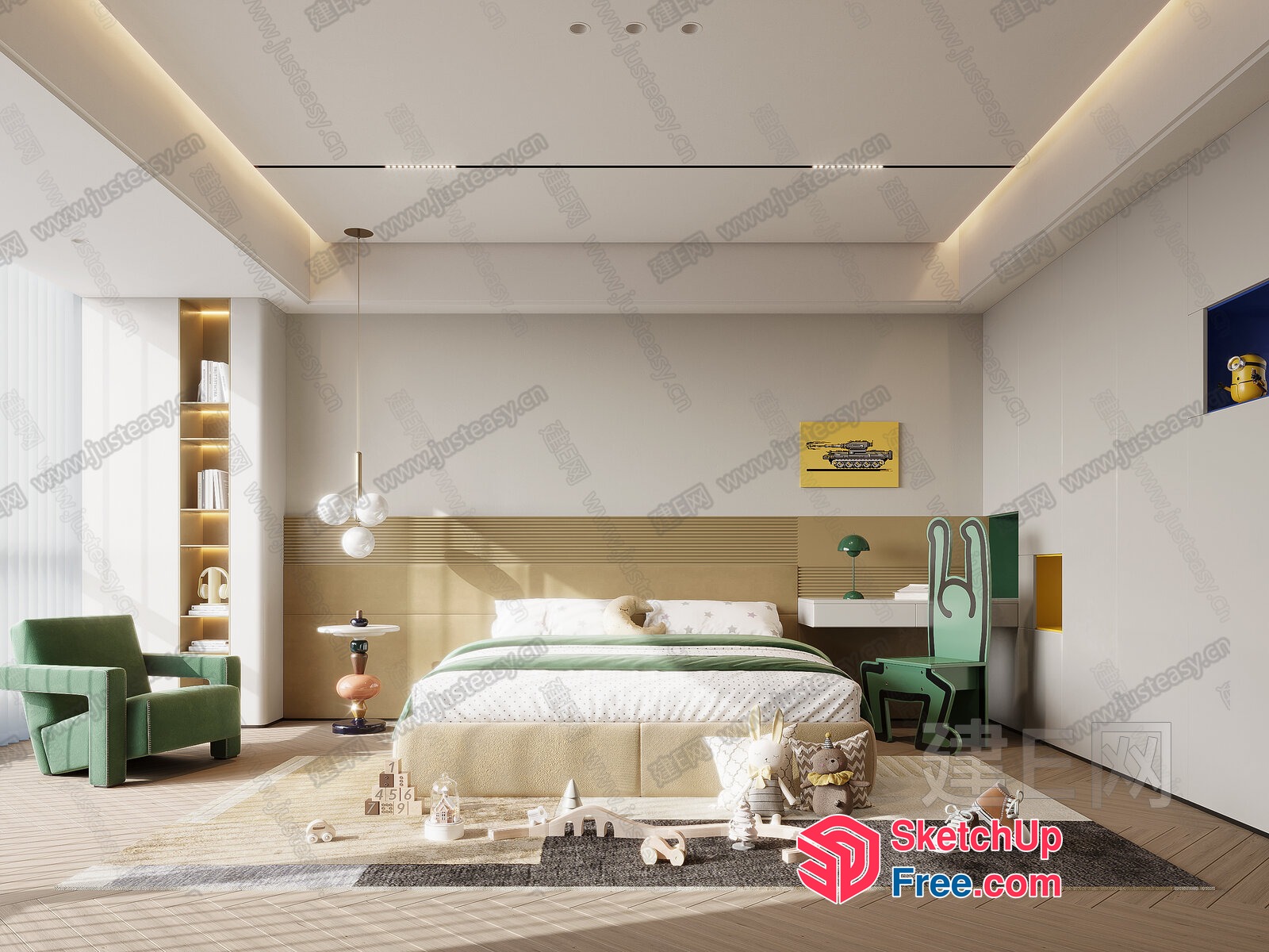 Modern Minimalist Bedroom With Sleek White And Green Decor 3D SketchUp File
