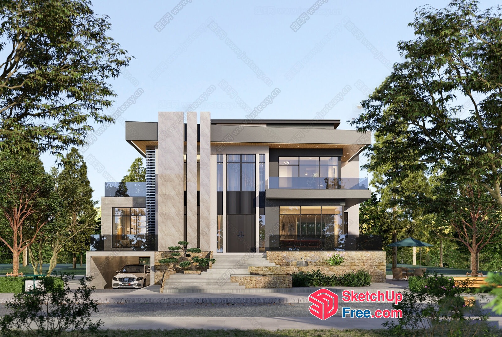 Modern Two-Story Villa With Glass Curtain Wall 3D SketchUp File