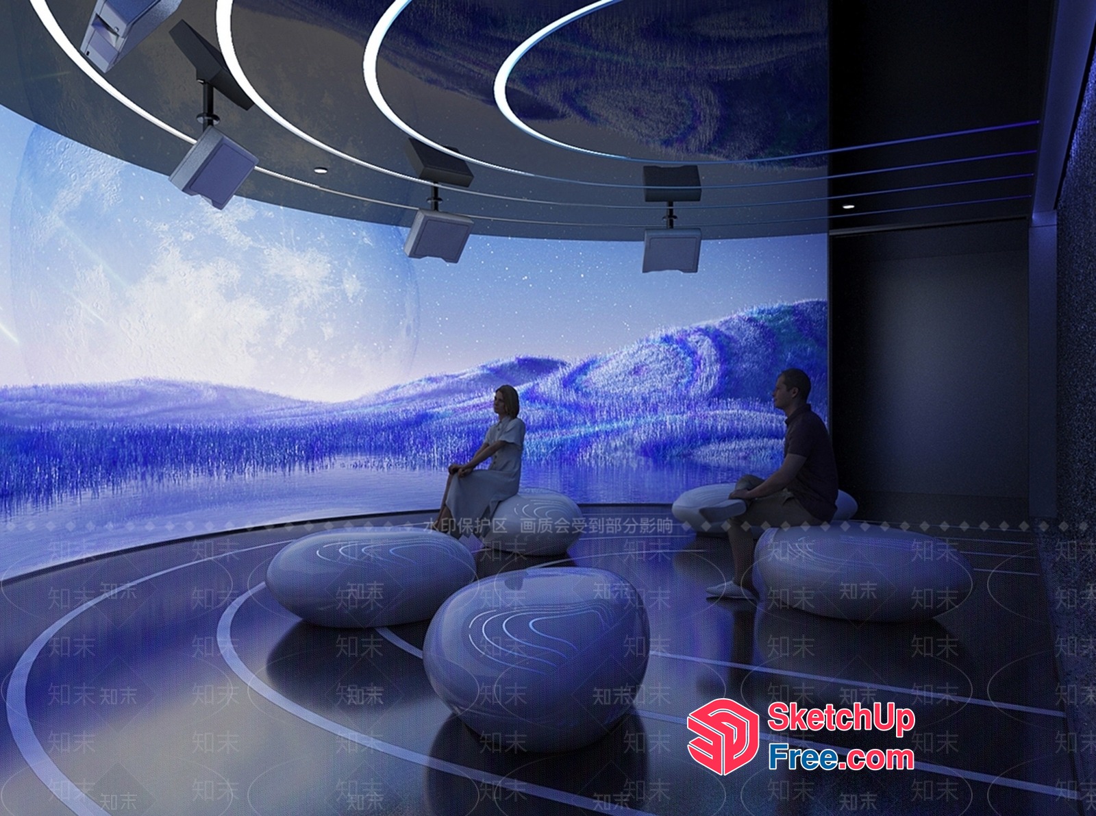 Futuristic Blue-Toned Room With Large Screen And Circular Seating 3D SketchUp File