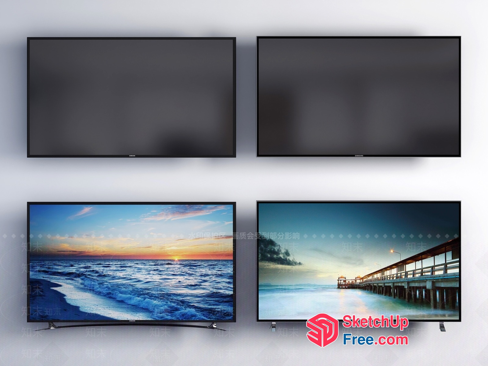 Four Large Tvs With Different Beach Scenes On Screens 3D SketchUp File