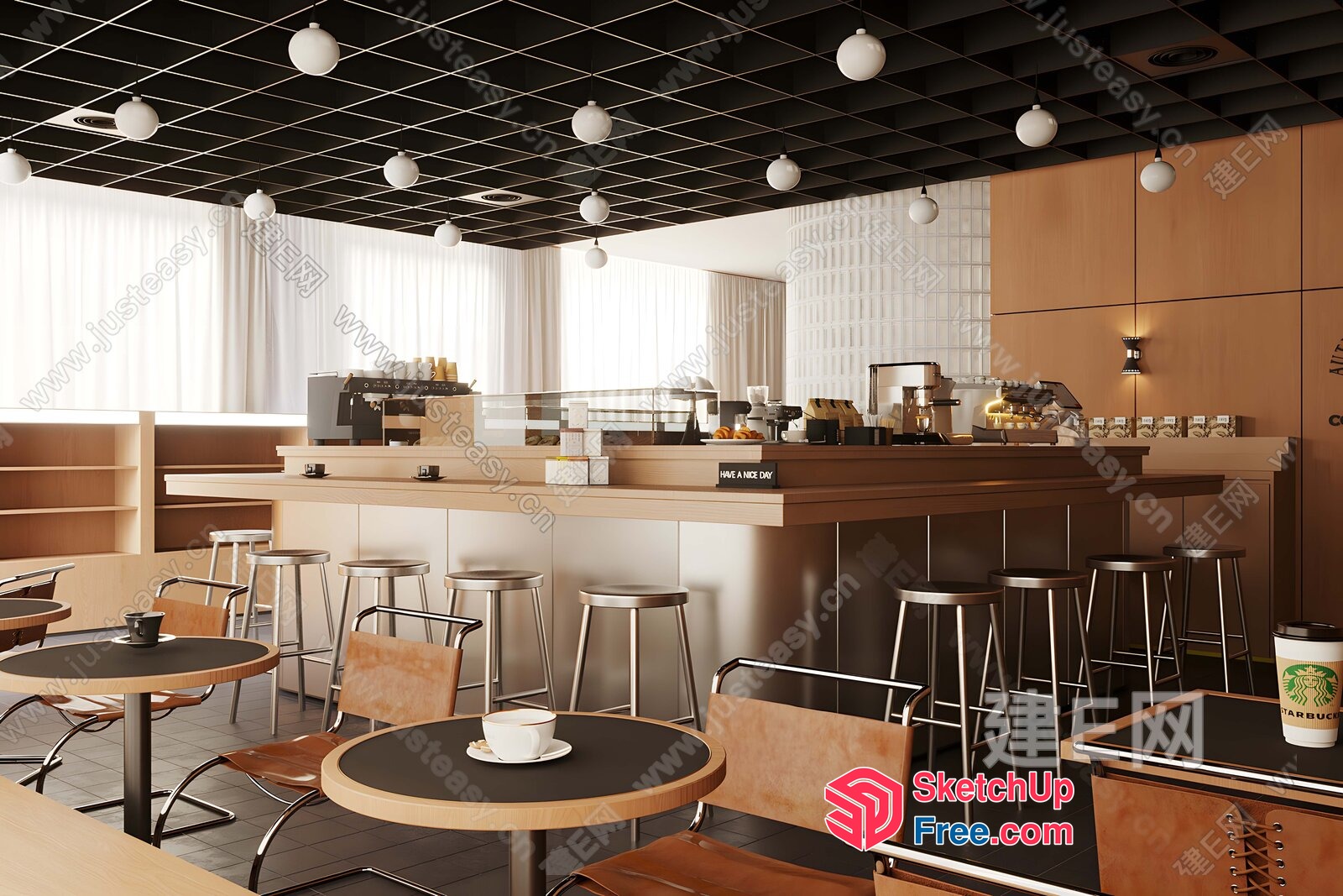 Modern Cafe Interior With Sleek Bar And High Ceilings 3D SketchUp File