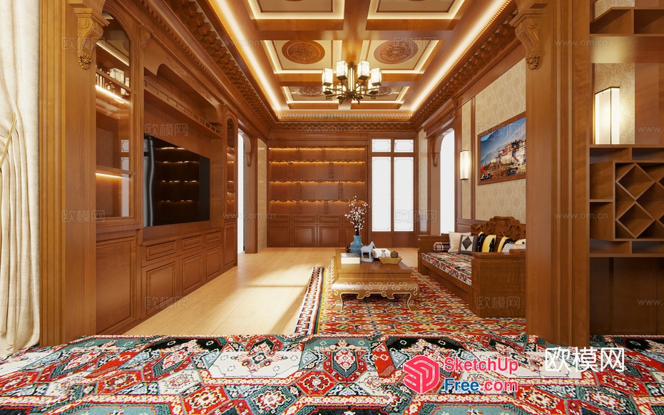 Elegant Traditional Living Room With Ornate Woodwork And Patterns 3D SketchUp File