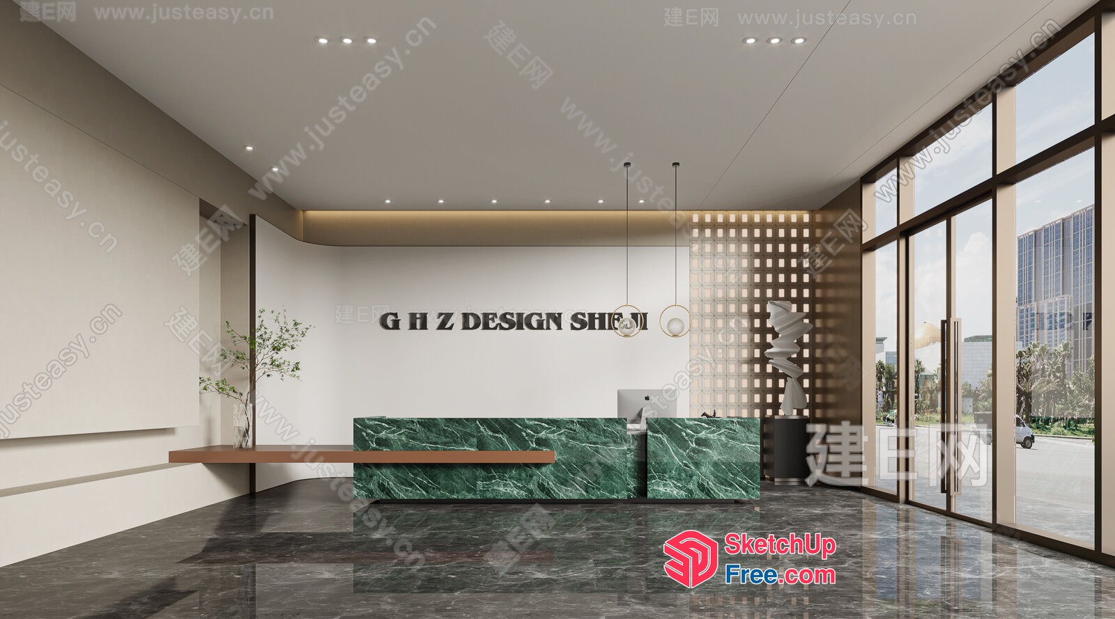 Modern Reception Area With Elegant Green Marble 3D SketchUp File