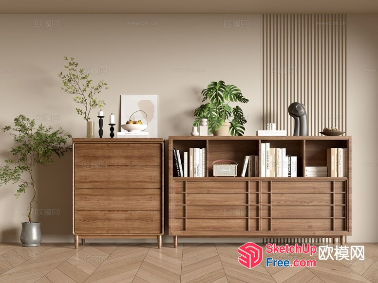 Modern Wooden Furniture Set With Decorative Items 3D SketchUp File