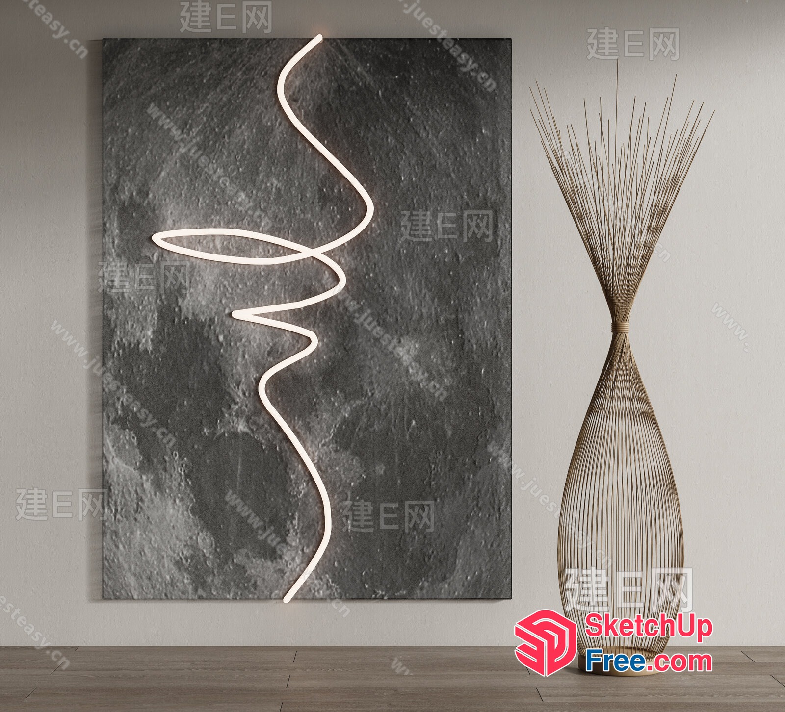 Modern Minimalist Decorative Artwork And Rattan Vase 3D SketchUp File