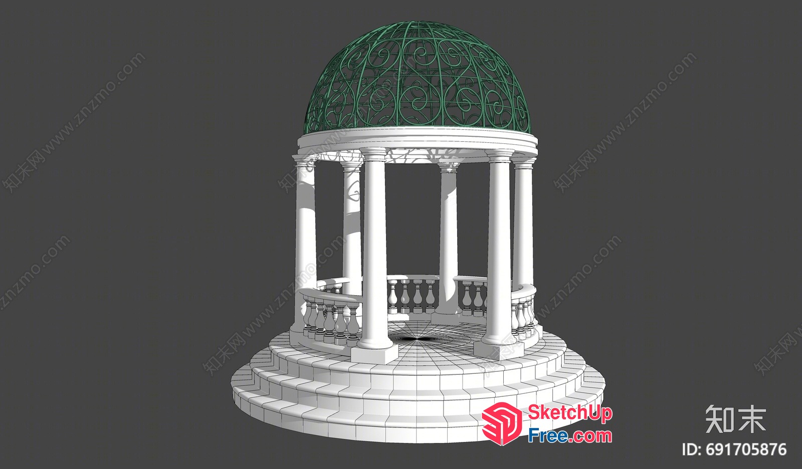 Elegant White Pillared Pavilion With Green Dome 3D SketchUp File