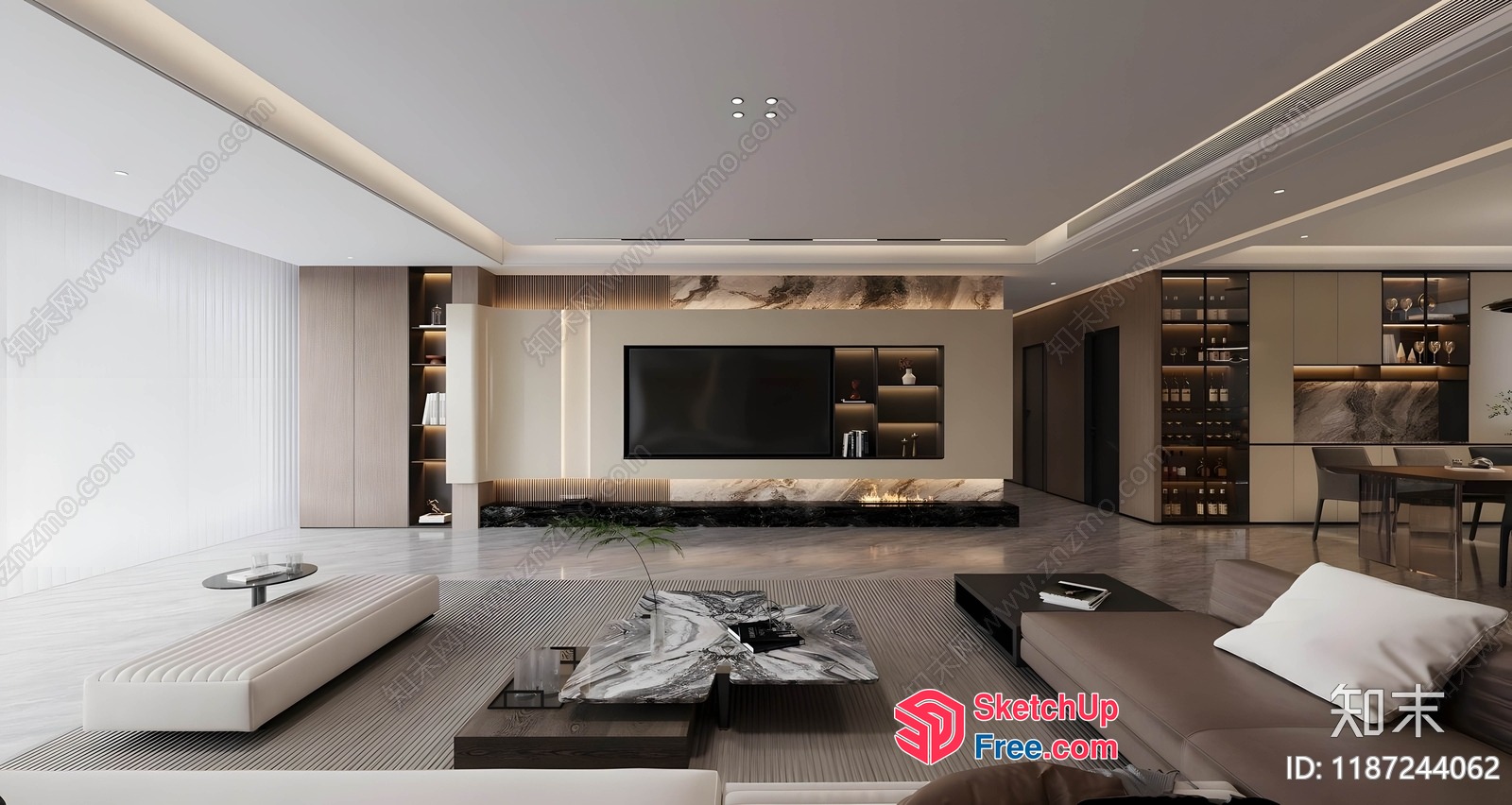 Modern And Elegant Living Room With Tv And Bookshelves 3D SketchUp File
