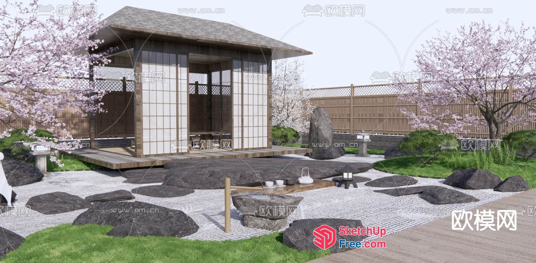 Japanese Style Pavilion With Cherry Blossoms And Rock Garden 3D SketchUp File