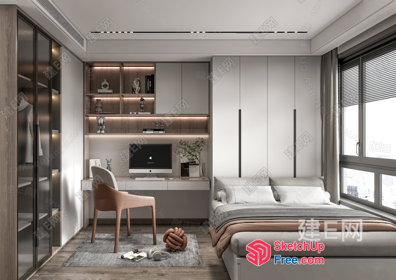Modern Bedroom With Built-In Desk And Wardrobe 3D SketchUp File