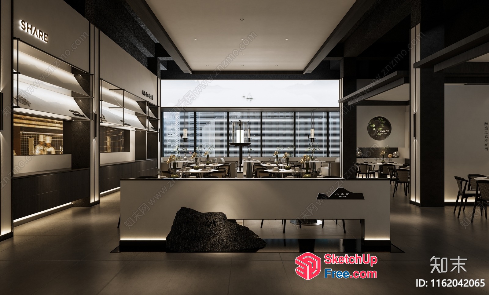 Modern Minimalist Restaurant Interior With Large Windows And Stone Decor 3D SketchUp File