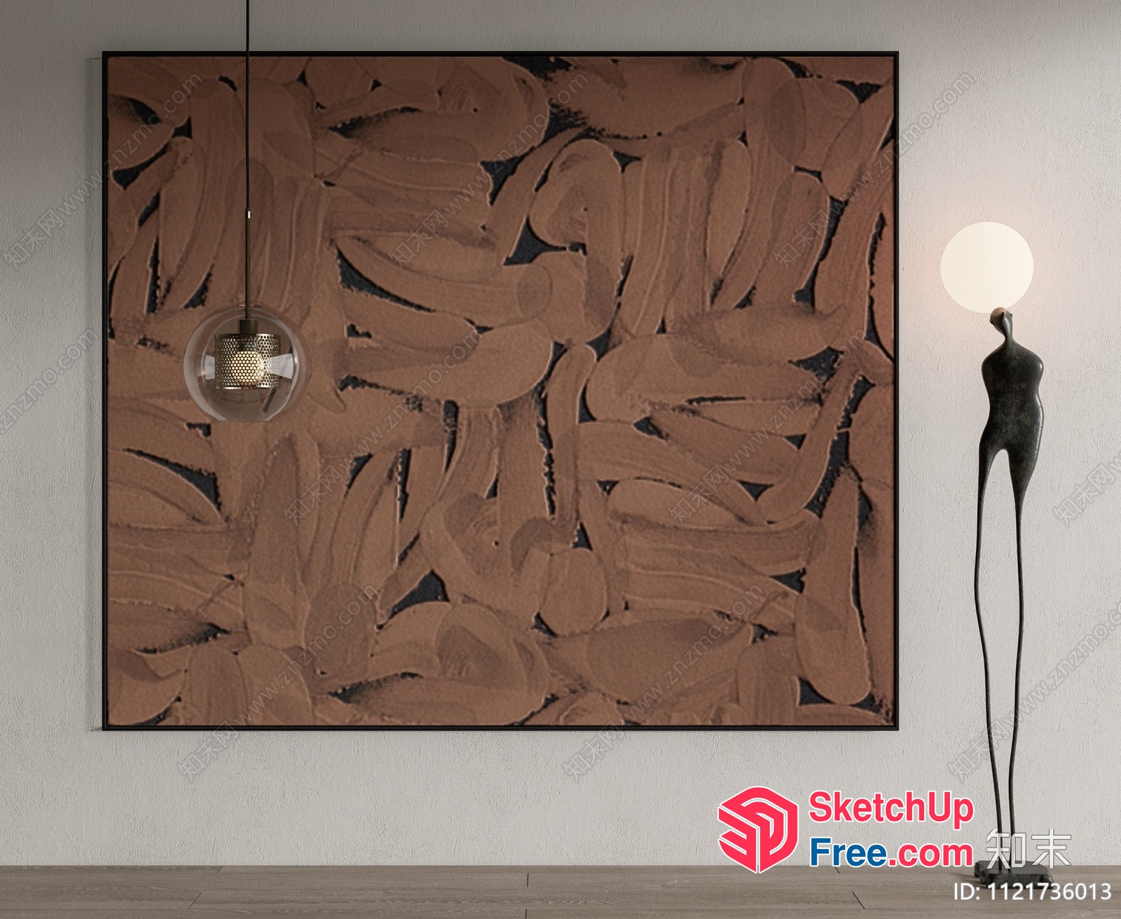 Abstract Brown Artwork With Hanging Light Fixture And Sculpture 3D SketchUp File