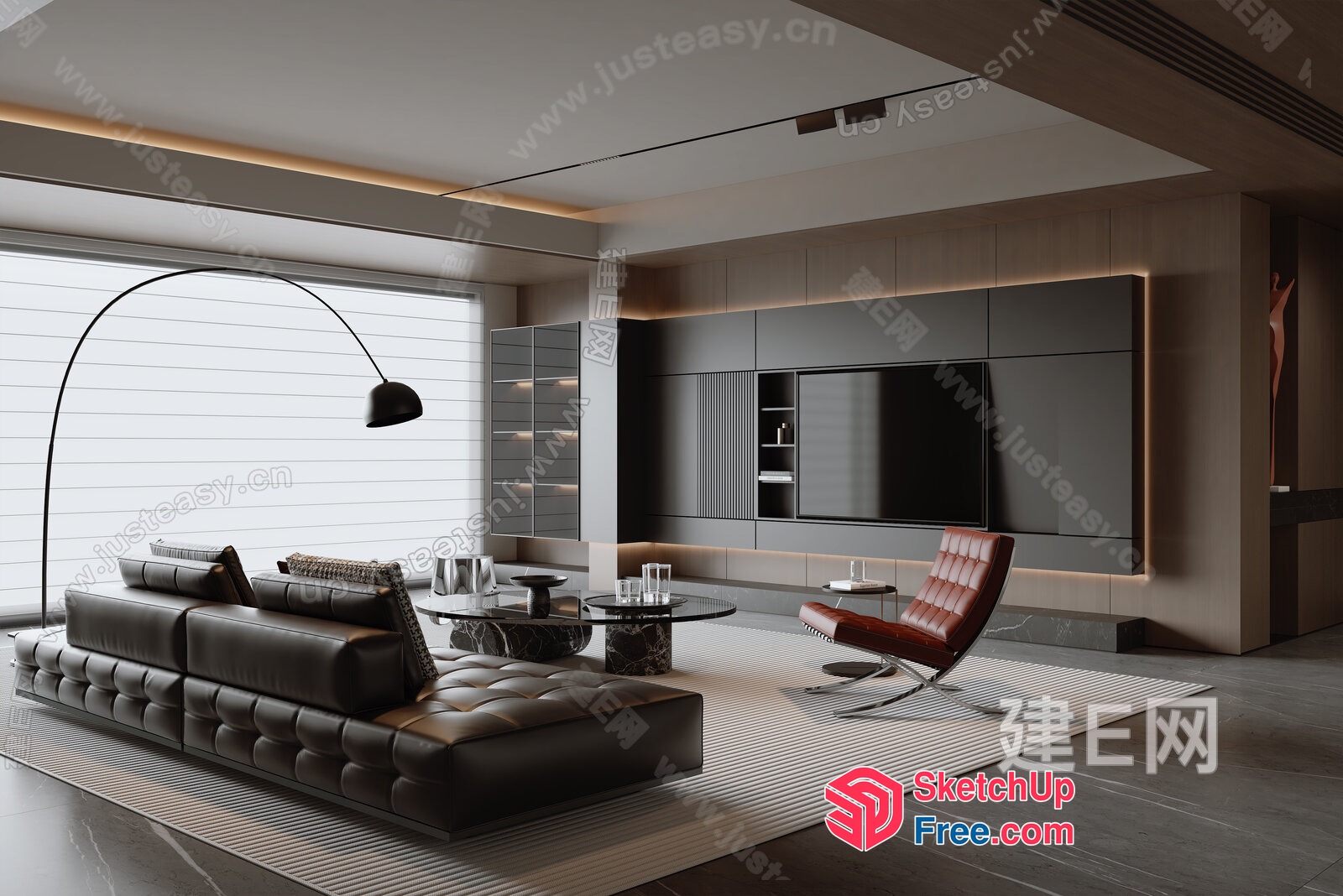 Modern Living Room With Dark Leather Sofa And Tv Wall 3D SketchUp File