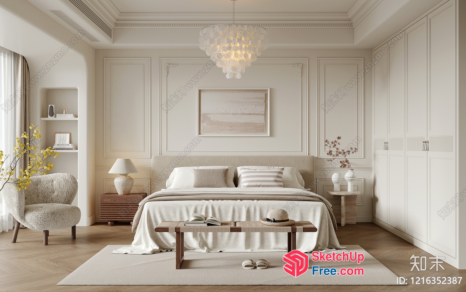 Elegant Creamy Style Bedroom Interior 3D SketchUp File