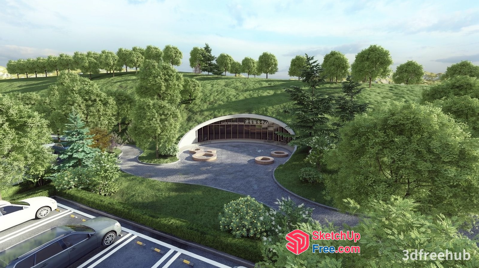 Modern Exterior Building With Parking Lot And Greenery 3D SketchUp File