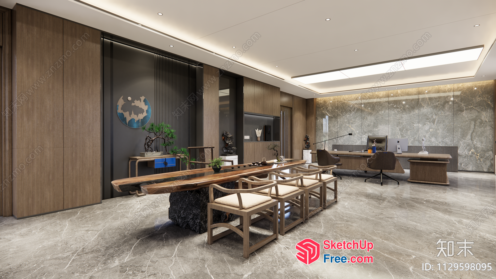 Modern Office Interior With Marble Flooring And Wooden Furniture 3D SketchUp File