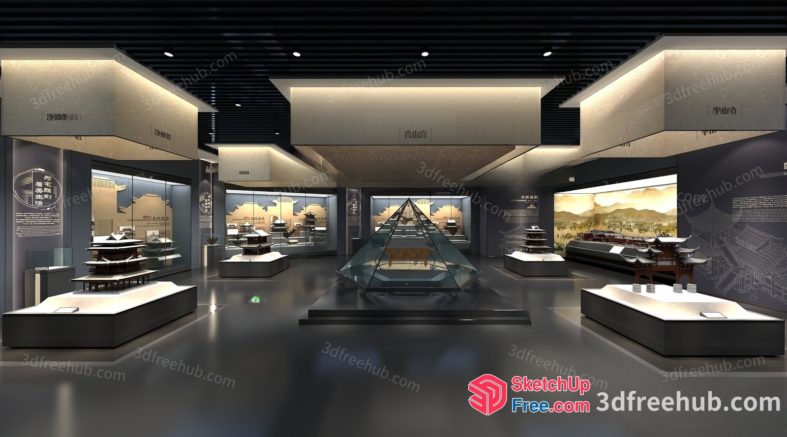Museum With Pyramid Display And Various Exhibits 3D SketchUp File