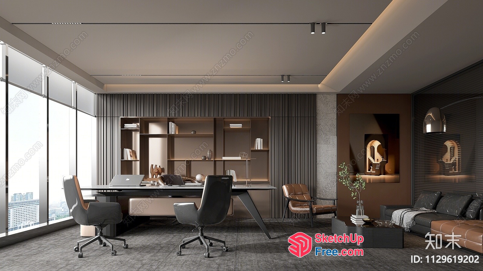 Modern Office Space With Large Windows And Leather Furniture 3D SketchUp File