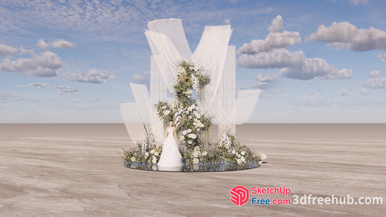 Elegant White Wedding Altar With Floral Arrangements And Draped Fabric 3D SketchUp File