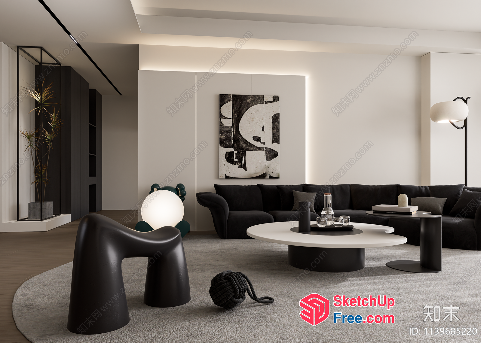 Minimalist Style Living Room With White Ceiling And Black Furniture 3D SketchUp File